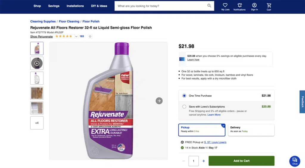 The product listing for Rejuvenate All Floors Restorer 32-fl oz Liquid Semi-gloss Floor Polish on Lowe's website.